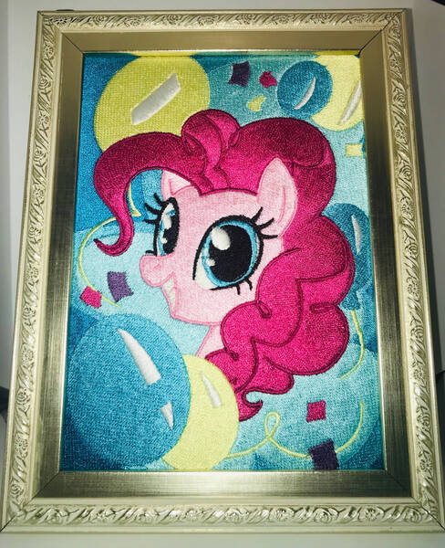 Size: 1280x1573 | Tagged: safe, artist:v-zen, derpibooru import, pinkie pie, pony, balloon, confetti, embroidery, painting, solo