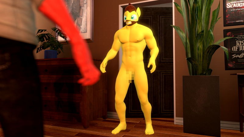 Size: 1280x720 | Tagged: 3d, anthro, anthro oc, artist:sky chaser, beard, censored, derpibooru import, embarrassed, embarrassed nude exposure, facial hair, male, muscles, nudity, oc, oc:buddy, oc:sky chaser, questionable, source filmmaker, unofficial characters only