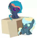 Size: 1896x1932 | Tagged: safe, artist:ashakalovsky, artist:iheartpop30, derpibooru import, oc, oc:blitz, oc:storm, pony, baby, baby pony, base used, blank flank, brother and sister, button eyes, cardboard box, colt, duo, female, filly, male, offspring, parent:rainbow dash, siblings, simple background, white background