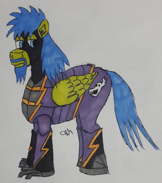 Size: 1154x1306 | Tagged: safe, artist:rapidsnap, derpibooru import, oc, oc:rapidsnap, unofficial characters only, pony, armor, battle armor, clothes, costume, facial hair, goatee, shadowbolts, shadowbolts costume, solo, traditional art