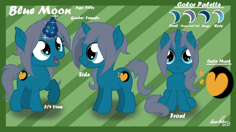 Size: 1920x1080 | Tagged: safe, artist:le_belleepoque, derpibooru import, oc, oc:blue moon, unofficial characters only, pony, unicorn, cutie mark, female, filly, horn, looking at you, reference sheet, sitting, solo, text