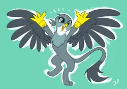 Size: 1280x898 | Tagged: safe, artist:jokerpony, derpibooru import, gabby, gryphon, bipedal, blue background, cute, excited, female, gabbybetes, open mouth, paws, simple background, solo
