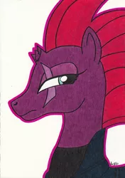 Size: 2451x3483 | Tagged: safe, artist:aracage, derpibooru import, fizzlepop berrytwist, tempest shadow, pony, unicorn, my little pony: the movie, broken horn, bust, eye scar, horn, portrait, scar, scar on the wrong side, solo, traditional art