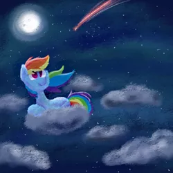 Size: 1200x1200 | Tagged: safe, artist:gintoki23, derpibooru import, rainbow dash, pegasus, pony, cloud, cute, dashabetes, full moon, moon, night, no catchlights, on a cloud, prone, shooting star, sky, solo