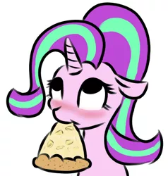 Size: 433x454 | Tagged: safe, artist:ponetistic, derpibooru import, starlight glimmer, pony, unicorn, blushing, eating, female, food, horn, looking at you, looking up, looking up at you, mare, pineapple, pineapple pizza, pizza, pure unfiltered evil, simple background, solo, that pony sure does love pineapple pizza, white background