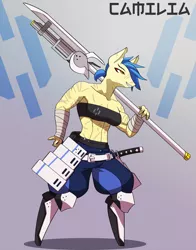 Size: 792x1009 | Tagged: anthro, artist:mopyr, clothes, derpibooru import, fantasy, hand wraps, oc, oc:camilia, outfit, safe, samurai punk, scar, science fiction, smiling, smirk, solo, unofficial characters only, weapon