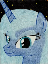 Size: 2457x3252 | Tagged: safe, artist:aracage, derpibooru import, princess luna, alicorn, pony, bust, looking at you, pencil drawing, portrait, s1 luna, smiling, solo, stars, traditional art