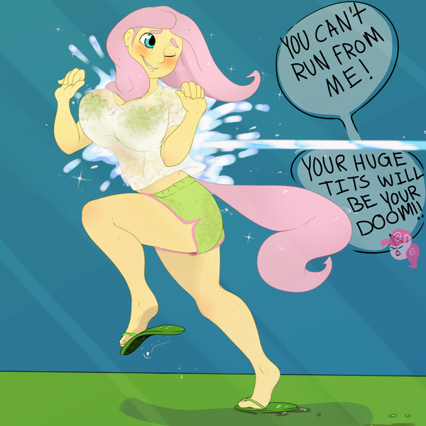 Size: 4000x4000 | Tagged: suggestive, artist:mr.smile, derpibooru import, fluttershy, pinkie pie, bat pony, human, equestria girls, big breasts, blushing, bra, breasts, busty fluttershy, clothes, feet, female, females only, flip-flops, flutterbat, frilly underwear, green underwear, humanized, midriff, offscreen character, one eye closed, race swap, running, sandals, see-through, shorts, solo focus, tail, tailed humanization, transparent, underwear, wet clothes, wet t-shirt