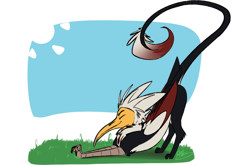 Size: 3035x2150 | Tagged: safe, artist:omegapex, derpibooru import, oc, oc:mahlra, unofficial characters only, bird, gryphon, hybrid, vulture, vulture griffon, beak, colored wings, eyes closed, grass, griffon oc, griffons doing cat things, leonine tail, long nails, male, paws, simple background, solo, stretching, tail feathers, talons, wings