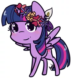 Size: 1169x1288 | Tagged: safe, artist:lilliesinthegarden, derpibooru import, twilight sparkle, twilight sparkle (alicorn), alicorn, pony, blushing, chibi, cute, floral head wreath, flower, flower in hair, heart eyes, simple background, solo, twiabetes, white background, wingding eyes