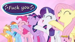 Size: 1280x720 | Tagged: safe, derpibooru import, edit, edited screencap, screencap, applejack, fluttershy, pinkie pie, rainbow dash, rarity, twilight sparkle, twilight sparkle (alicorn), alicorn, pony, fame and misfortune, comic sans, dissonant caption, flawless, fuck you, mane six, reaction image, text, vulgar