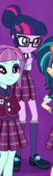 Size: 185x616 | Tagged: safe, derpibooru import, screencap, indigo zap, sci-twi, sunny flare, twilight sparkle, equestria girls, friendship games, clothes, cropped, crystal prep academy uniform, female, glasses, hair bun, legs, offscreen character, pleated skirt, school uniform, shoes, skirt, socks