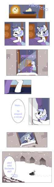 Size: 600x2050 | Tagged: safe, artist:yokokinawa, derpibooru import, oc, oc:dracula, oc:eleonor, pony, unicorn, bed, bedroom, candle, castle, clock, comic, dialogue, female, mare, simple background, snow, spanish, white background, window