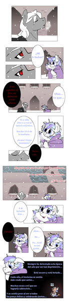 Size: 600x2600 | Tagged: safe, artist:yokokinawa, derpibooru import, oc, oc:dracula, oc:eleonor, pony, castle, comic, dialogue, red eyes, simple background, snow, spanish, visible breath, white background, window