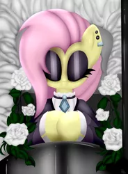 Size: 2800x3800 | Tagged: semi-grimdark, artist:paulpeopless, derpibooru import, fluttershy, pony, beautiful, casket, coffin, dead, ear piercing, earring, eyeshadow, flower, fluttergoth, gothic, jewelry, makeup, necklace, piercing, short hair, solo