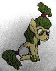 Size: 1986x2500 | Tagged: safe, artist:thr3eguess3s, derpibooru import, oc, oc:apple core, pony, baby, baby pony, colored hooves, diaper, female, filly, freckles, mixed media, offspring, parent:big macintosh, parent:limestone pie, parents:limemac, solo, tooth, topknot