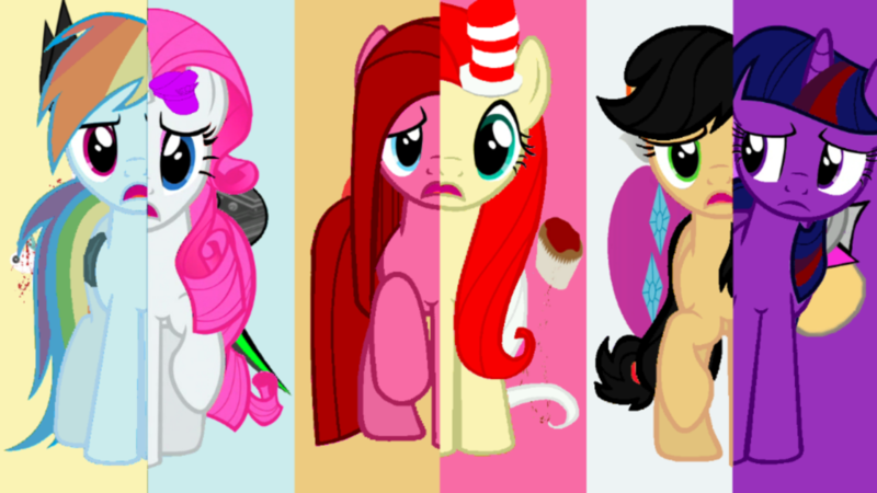 Size: 1024x576 | Tagged: safe, derpibooru import, applejack, fluttershy, pinkie pie, rainbow dash, rarity, twilight sparkle, pony, elements of insanity, applepills, brutalight sparcake, demented six, fluttershout, mane six, pinkis cupcake, rainbine, rainbine ears, rarifruit, what my cutie mark is telling me