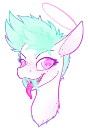 Size: 1456x2105 | Tagged: safe, artist:mynder, derpibooru import, oc, oc:passel, unofficial characters only, pony, bust, cheek fluff, eyebrows, eyelashes, fangs, freckles, halo, lidded eyes, long tongue, looking at you, open mouth, portrait, simple background, smiling, solo, tongue out, transparent background