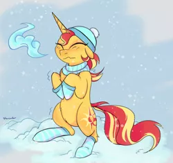 Size: 1700x1600 | Tagged: safe, artist:puddingskinmcgee, derpibooru import, sunset shimmer, pony, unicorn, adorable distress, clothes, cold, cute, eyes closed, female, freezing, hat, mittens, scarf, shivering, snow, snowfall, socks, solo, striped socks, winter