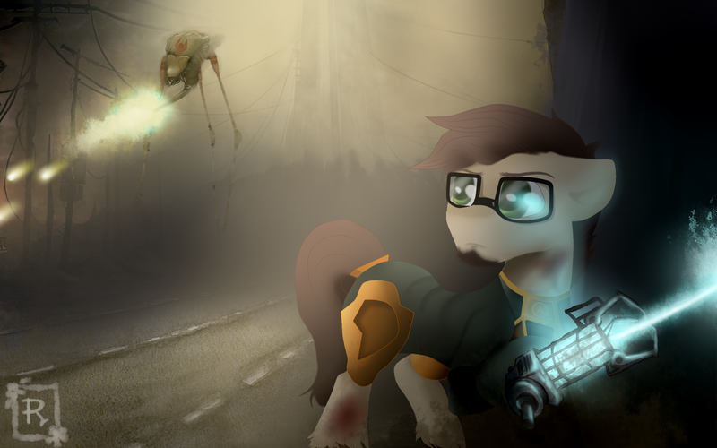 Size: 1800x1125 | Tagged: safe, artist:reterica, deleted from derpibooru, derpibooru import, ponified, cyborg, earth pony, pony, citadel, determined, determined look, energy weapon, glasses, gordon freeman, gravity gun, half-life, hev suit, laser, male, physgun, road, serious, serious face, solo, stallion, strider, synth, weapon