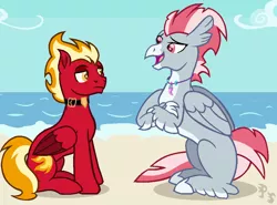 Size: 972x720 | Tagged: safe, artist:peregrinstaraptor, derpibooru import, oc, oc:sunfyre, oc:valour flame, unofficial characters only, classical hippogriff, hippogriff, pegasus, pony, beach, male, stallion