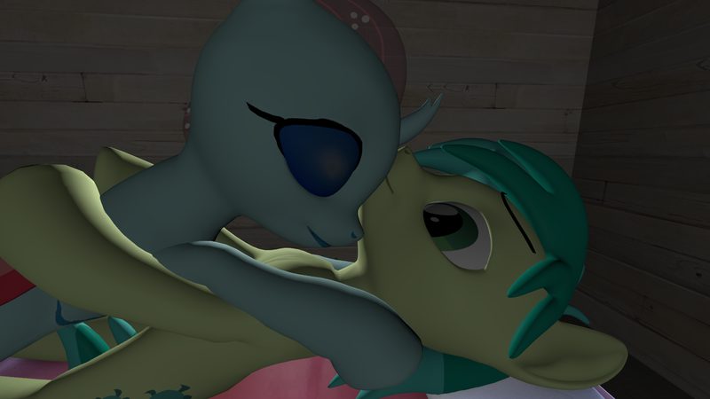 Size: 1920x1080 | Tagged: safe, artist:andrescortez7, derpibooru import, ocellus, sandbar, changedling, changeling, earth pony, pony, 3d, bed, female, hug, interspecies, male, misleading thumbnail, ocelbar, shipping, straight