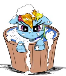 Size: 1500x1724 | Tagged: safe, artist:chopsticks, derpibooru import, rainbow dash, pegasus, pony, adorable face, angry, bath, bath time, bubble bath, bucket, cheek fluff, cute, dashabetes, female, filly, filly rainbow dash, floppy ears, grumpy, looking at you, not amused face, simple background, soap, solo, unamused, wet, wet mane, younger