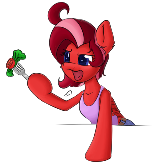 Size: 543x540 | Tagged: safe, artist:elppajack, derpibooru import, oc, oc:adena emberheart, pony, clothes, food, simple background, solo, tanktop, transparent background