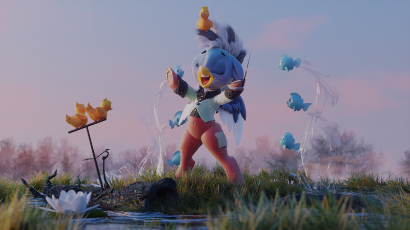 Size: 2304x1296 | Tagged: alternate version, artist:v747, bard, bird, bread, derpibooru import, duck, duck pony, dungeons and dragons, fantasy class, fish, food, oc, oc:duk, pen and paper rpg, ponyfinder, quack, quak, rpg, safe, scene, solo