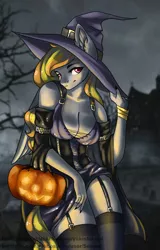 Size: 1612x2512 | Tagged: anthro, artist:senpai, bracelet, breasts, cleavage, clothes, corset, costume, derpibooru import, ear fluff, female, garter belt, halloween, halloween costume, hat, holiday, jewelry, nail polish, oc, pumpkin, pumpkin bucket, socks, solo, stockings, suggestive, thigh highs, unofficial characters only, witch costume, witch hat