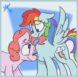 Size: 727x714 | Tagged: safe, artist:irdes, derpibooru import, pinkie pie, rainbow dash, pony, chest fluff, female, lesbian, nuzzling, pinkiedash, shipping