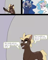 Size: 1768x2196 | Tagged: safe, artist:moonaknight13, derpibooru import, princess celestia, princess luna, oc, pony, comic:the magic within, blushing, comic, freckles, markings, panting, royal guard, text