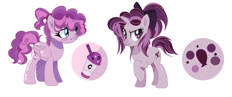 Size: 1077x449 | Tagged: safe, artist:xxcutecookieswirlsxx, derpibooru import, oc, oc:balloon tiwst, oc:moon smoothie, pegasus, pony, unicorn, female, mare, offspring, parent:cheese sandwich, parent:pinkie pie, parents:cheesepie, siblings, simple background, sisters, transparent background