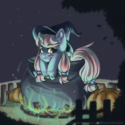 Size: 2312x2312 | Tagged: safe, artist:senpai, derpibooru import, oc, unofficial characters only, pony, unicorn, bow, cauldron, clothes, commission, costume, female, fence, fire, green fire, hair bow, halloween, halloween costume, hat, holiday, mare, pumpkin, solo, stars, tail bow, witch hat, ych result