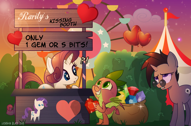 Size: 1280x843 | Tagged: safe, artist:lennonblack, derpibooru import, rarity, spike, oc, oc:lennon black, dragon, pony, unicorn, :o, annoyed, bag, booth, cute, exclamation point, eye contact, eyeroll, eyes on the prize, female, ferris wheel, fire ruby, frown, gem, grin, gritted teeth, implied lesbian, interrobang, kissing booth, looking at each other, male, mare, open mouth, pointy ponies, question mark, ruby, shipping, smiling, sparity, sparkles, spikabetes, squee, stallion, straight, surprised, unamused, winged spike