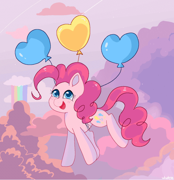 Size: 884x915 | Tagged: safe, artist:whiskyice, derpibooru import, pinkie pie, earth pony, pony, animated, balloon, cloud, cute, diapinkes, female, floating, gif, happy, heart balloon, mare, rainbow, then watch her balloons lift her up to the sky