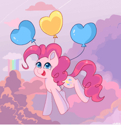 Size: 884x915 | Tagged: safe, artist:whiskyice, derpibooru import, pinkie pie, earth pony, pony, animated, balloon, cloud, cute, diapinkes, female, floating, gif, happy, heart balloon, mare, rainbow, then watch her balloons lift her up to the sky