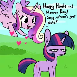 Size: 1650x1650 | Tagged: safe, artist:tjpones, derpibooru import, princess cadance, twilight sparkle, alicorn, pony, unicorn, bags under eyes, dialogue, duo, female, forever a virgin, forever alone, grumpy, grumpy twilight, hearts and hooves day, mare, meme, princess of love, resting bitch face, twilight is not amused, unamused, unicorn twilight