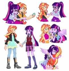Size: 996x1024 | Tagged: safe, artist:keeerooooo1, derpibooru import, sci-twi, sunset shimmer, twilight sparkle, twilight sparkle (alicorn), alicorn, equestria girls, equestria girls series, forgotten friendship, friendship games, rainbow rocks, rollercoaster of friendship, :i, :t, clothes, crystal prep academy uniform, female, geode of empathy, geode of telekinesis, glasses, holding hands, hug, lesbian, magical geodes, ponied up, ponytail, school uniform, scitwishimmer, shipping, simple background, sleeveless, smiling, sunsetsparkle, super ponied up, twolight, white background