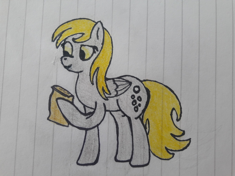 Size: 4128x3096 | Tagged: safe, artist:juani236, derpibooru import, derpy hooves, pegasus, pony, happy, letter, lined paper, paper, reading, solo, traditional art