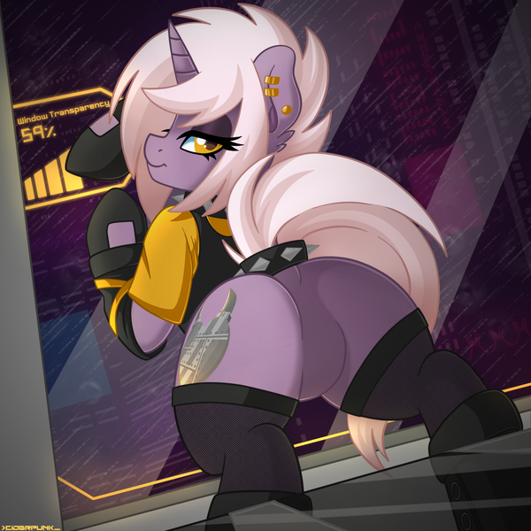 Size: 2500x2500 | Tagged: suggestive, artist:ciderpunk, derpibooru import, oc, oc:amber ironheart, unofficial characters only, pony, unicorn, cyberpunk, female, looking at you, mare, piercing