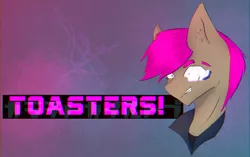 Size: 2144x1344 | Tagged: safe, artist:al1-ce, derpibooru import, oc, oc:sinraal, unofficial characters only, pony, abstract background, angry, clothes, fear, floating head, jacket, pink hair, solo, text, toaster, visor