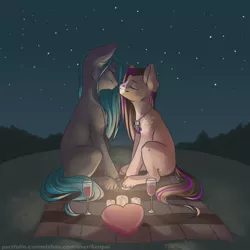 Size: 2312x2312 | Tagged: safe, artist:senpai, derpibooru import, oc, unofficial characters only, earth pony, pony, alcohol, box of chocolates, candle, eyes closed, glass, heart shaped box, night, picnic blanket, shipping, solo, stars, unshorn fetlocks, wine, wine glass