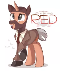 Size: 1600x1900 | Tagged: safe, artist:graytyphoon, derpibooru import, pony, unicorn, clothes, laughing, solo, spy, suit, team fortress 2