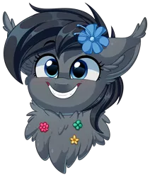 Size: 1584x1865 | Tagged: safe, artist:thegamblehorse, deleted from derpibooru, derpibooru import, oc, oc:seachell, unofficial characters only, bat pony, pony, bat pony oc, bat wings, chest fluff, cute, cute little fangs, ear fluff, fangs, flower, flower in hair, fluffy, simple background, smiling, solo, transparent background, wings