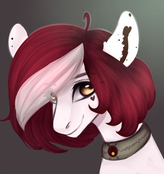 Size: 1024x1085 | Tagged: safe, artist:velirenrey, derpibooru import, oc, unofficial characters only, pony, bust, collar, female, mare, portrait, simple background, smiling, solo