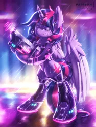Size: 2250x3000 | Tagged: safe, artist:shad0w-galaxy, derpibooru import, twilight sparkle, twilight sparkle (alicorn), alicorn, cyborg, pony, armor, belly button, bipedal, chest fluff, city, clothes, cyberpunk, ear fluff, earbuds, female, future, gun, horn, mare, neon, patreon, rain, science fiction, shoulder fluff, solo, weapon, wet, wet mane, wing fluff, wings