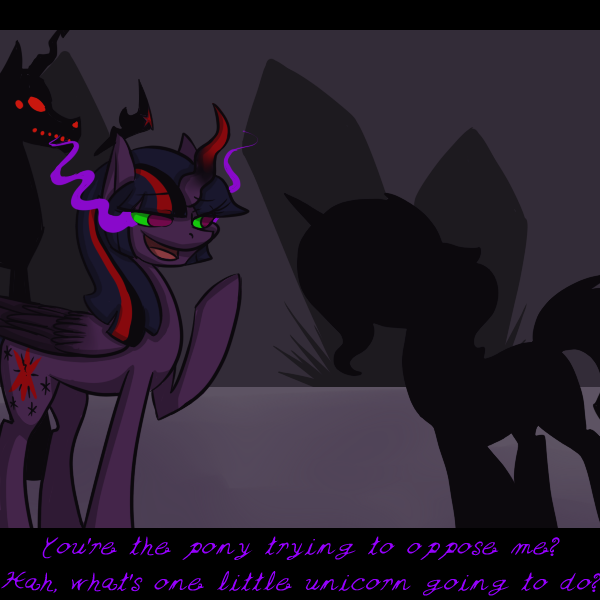 Size: 600x600 | Tagged: safe, artist:sinsays, derpibooru import, twilight sparkle, twilight sparkle (alicorn), oc, alicorn, demon, pony, unicorn, ask corrupted twilight sparkle, alternate timeline, black bars, color change, colored horn, corrupted, corrupted element of harmony, corrupted element of magic, corrupted twilight sparkle, crystal war timeline, curved horn, dark, dark equestria, dark magic, dark queen, dark world, darkened coat, darkened hair, demon summoning, floating crown, floating tiara, glowing eyes, horn, implied sunset shimmer, jagged horn, looking at someone, magic, mind control, necromancy, possessed, queen twilight, resistance, silhouette, sombra empire, sombra eyes, sombra's horn, sombrafied, text, the resistance against the queen, trio, tumblr, tyrant sparkle