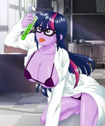 Size: 2416x2912 | Tagged: suggestive, alternate version, artist:aboimages03, derpibooru import, sci-twi, twilight sparkle, equestria girls, :p, big breasts, breasts, busty sci-twi, busty twilight sparkle, clothes, erect nipples, female, lab coat, nipple outline, purple underwear, solo, test tube, tongue out, underwear