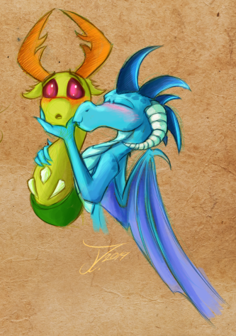 Size: 333x473 | Tagged: safe, artist:jamescorck, derpibooru import, princess ember, thorax, changedling, changeling, pony, blushing, embrax, female, interspecies, king thorax, kissing on the cheek, male, shipping, straight